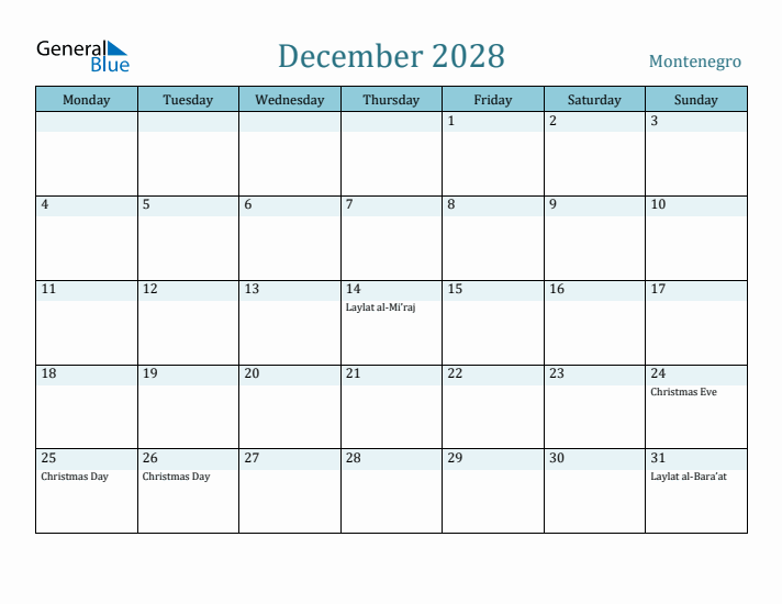 December 2028 Calendar with Holidays