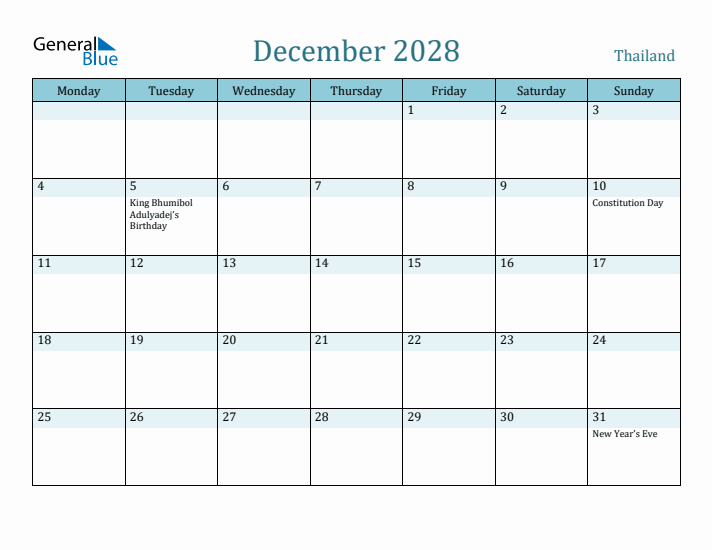 December 2028 Calendar with Holidays