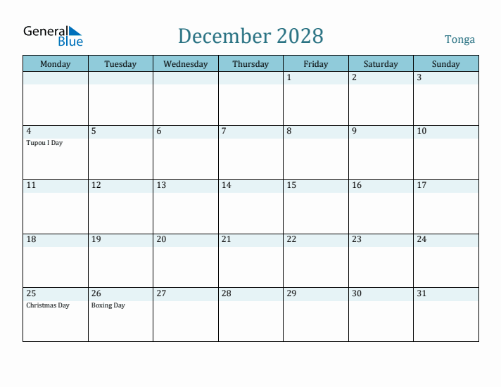 December 2028 Calendar with Holidays