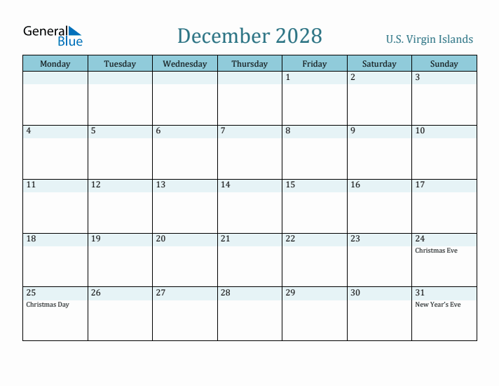 December 2028 Calendar with Holidays