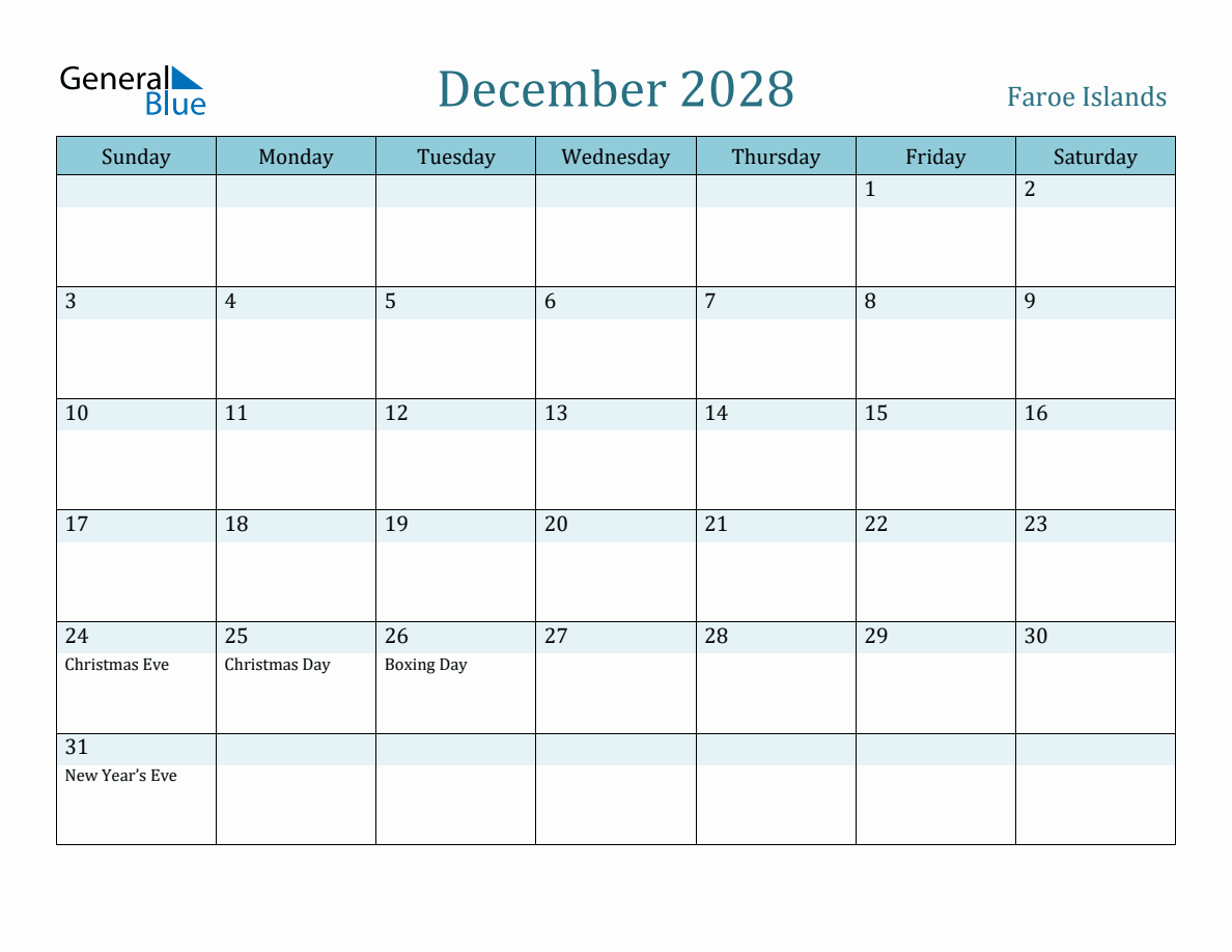 Faroe Islands Holiday Calendar for December 2028