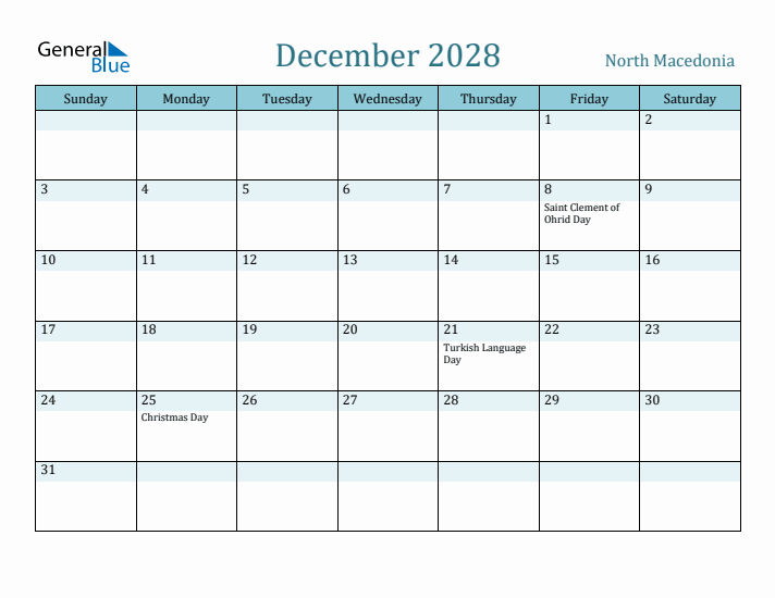 December 2028 Calendar with Holidays