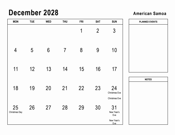 December 2028 Printable Monthly Calendar with American Samoa Holidays