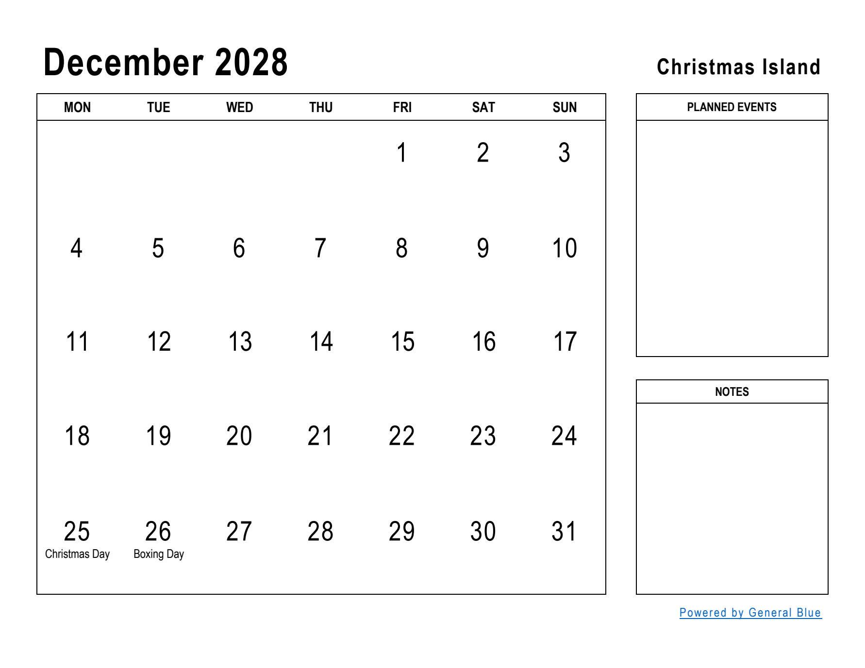 December 2028 Printable Monthly Calendar with Christmas Island Holidays