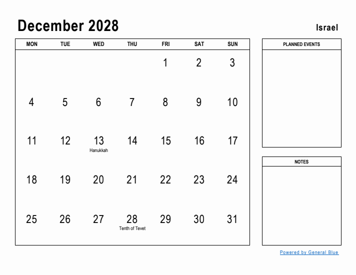 December 2028 Printable Monthly Calendar with Israel Holidays