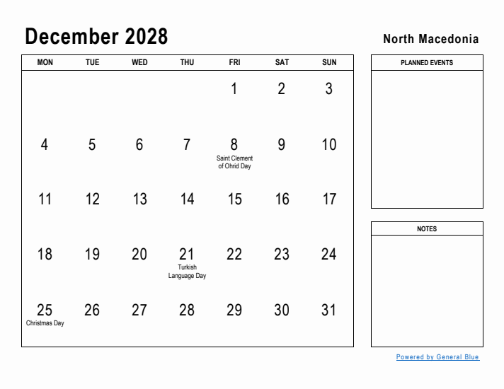 December 2028 Printable Monthly Calendar with North Macedonia Holidays