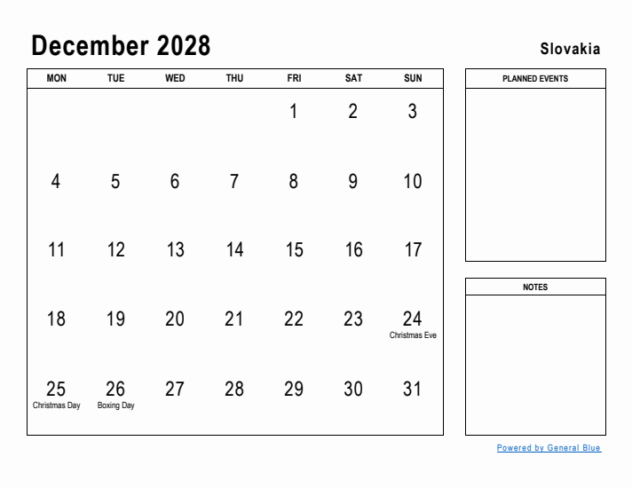 December 2028 Printable Monthly Calendar with Slovakia Holidays