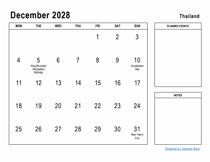 December 2028 Printable Monthly Calendar with Thailand Holidays