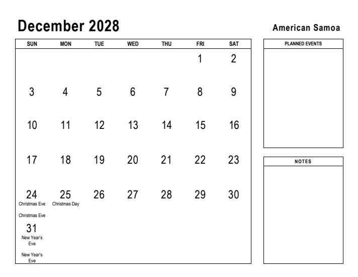 December 2028 Printable Monthly Calendar with American Samoa Holidays