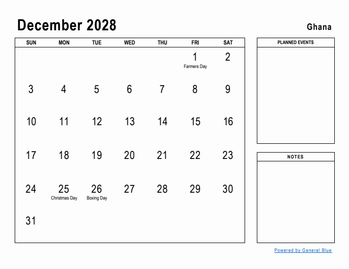 December 2028 Printable Monthly Calendar with Ghana Holidays