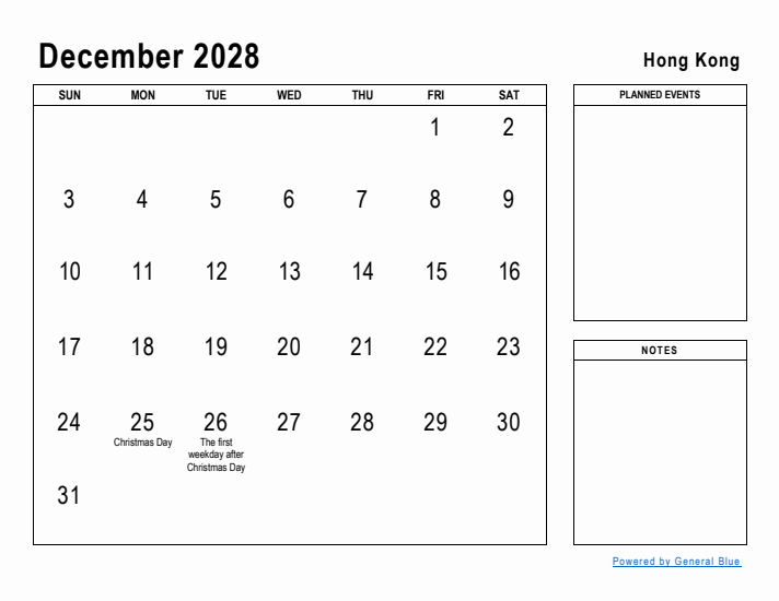 December 2028 Printable Monthly Calendar with Hong Kong Holidays