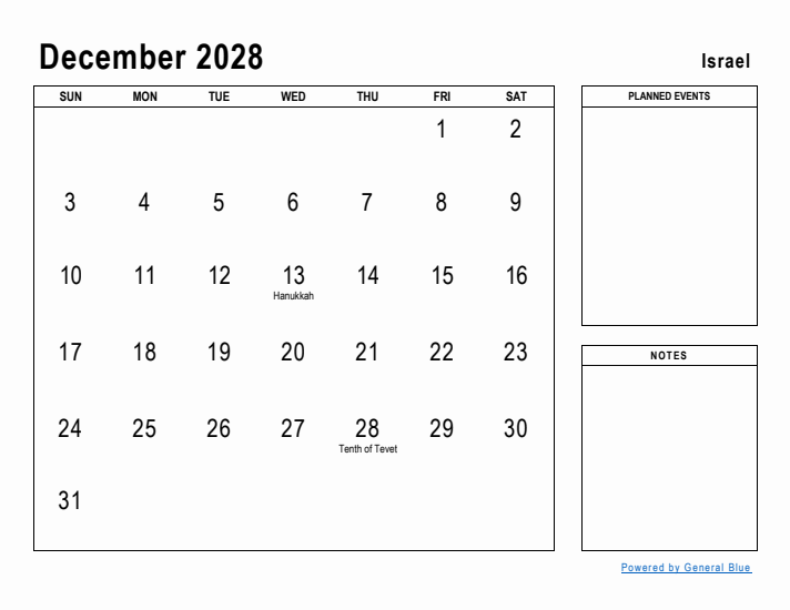 December 2028 Printable Monthly Calendar with Israel Holidays