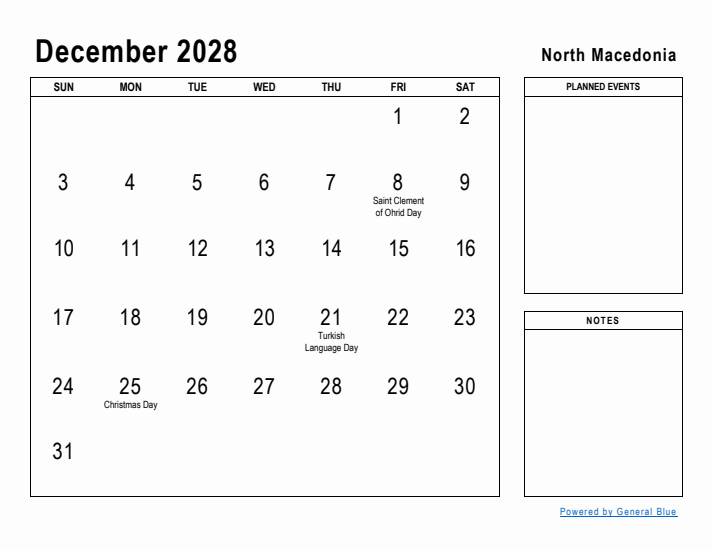 December 2028 Printable Monthly Calendar with North Macedonia Holidays