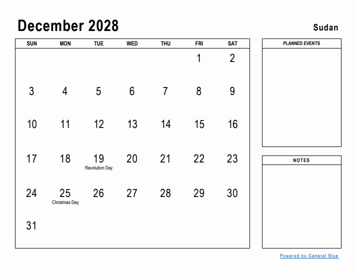 December 2028 Printable Monthly Calendar with Sudan Holidays