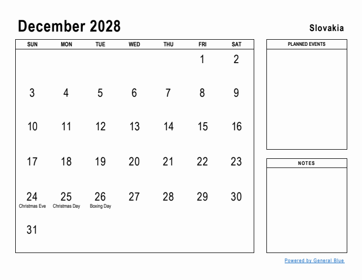 December 2028 Printable Monthly Calendar with Slovakia Holidays