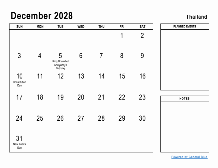 December 2028 Printable Monthly Calendar with Thailand Holidays