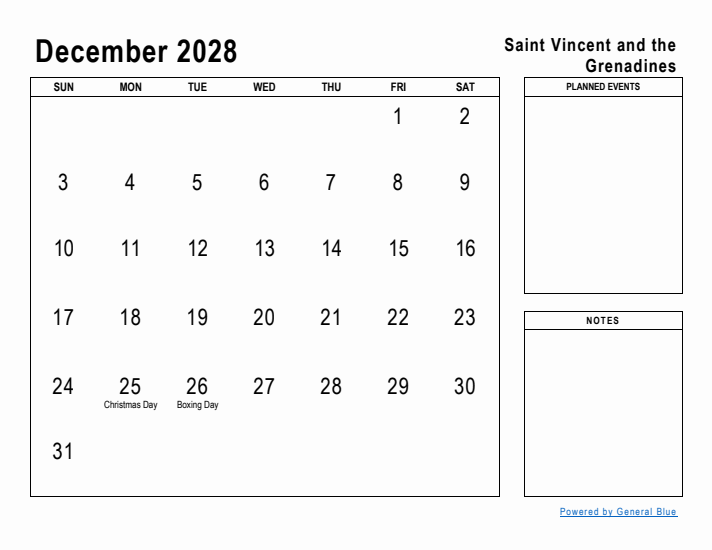 December 2028 Printable Monthly Calendar with Saint Vincent and the Grenadines Holidays