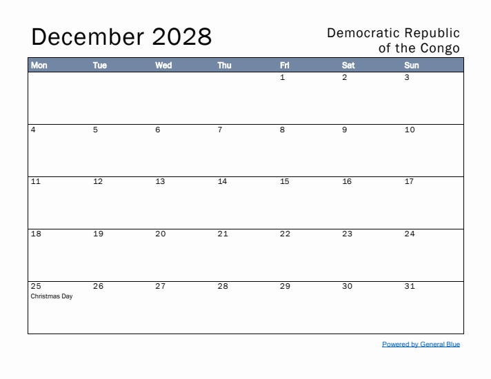December 2028 Simple Monthly Calendar for Democratic Republic of the Congo