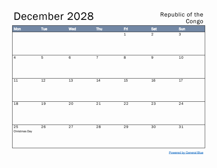 December 2028 Simple Monthly Calendar for Republic of the Congo