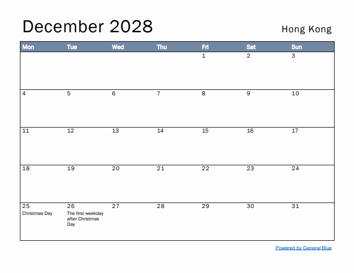 December 2028 Simple Monthly Calendar for Hong Kong