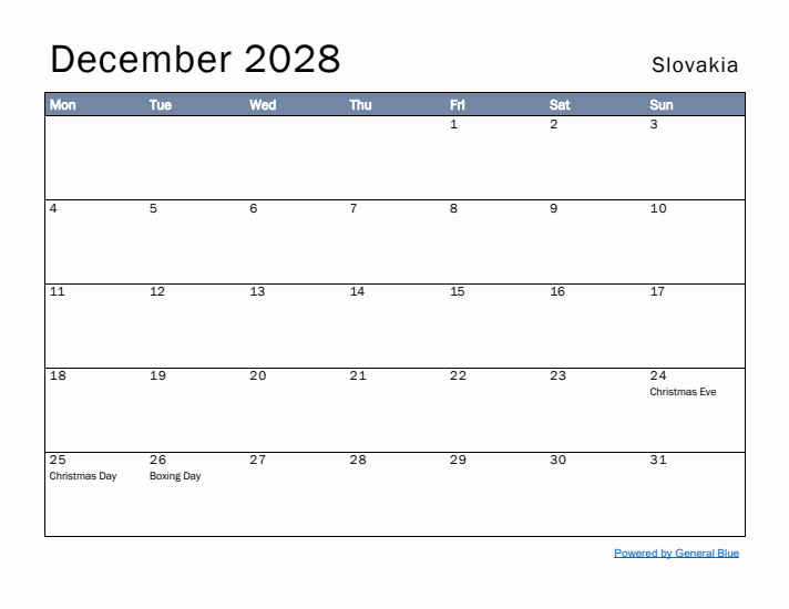 December 2028 Simple Monthly Calendar for Slovakia