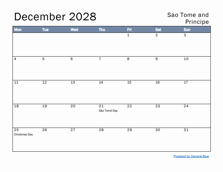 December 2028 Simple Monthly Calendar for Sao Tome and Principe