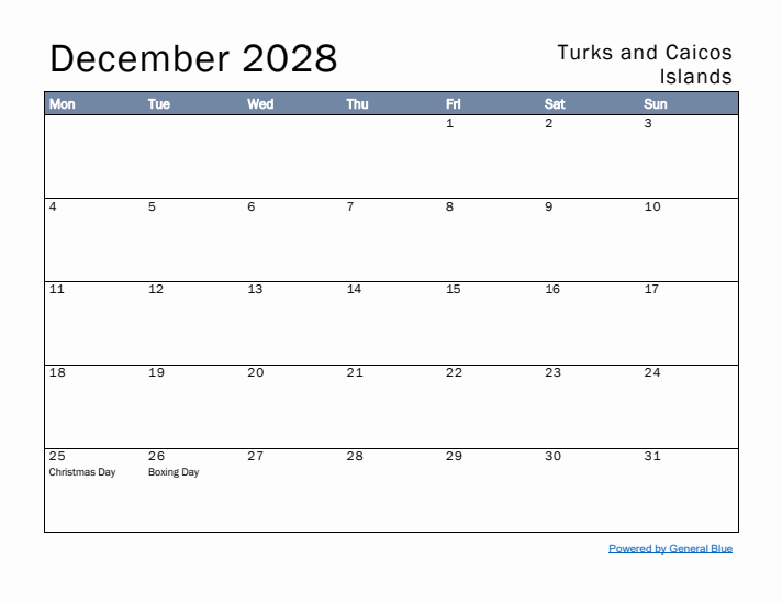 December 2028 Simple Monthly Calendar for Turks and Caicos Islands