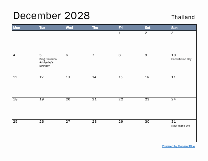 December 2028 Simple Monthly Calendar for Thailand