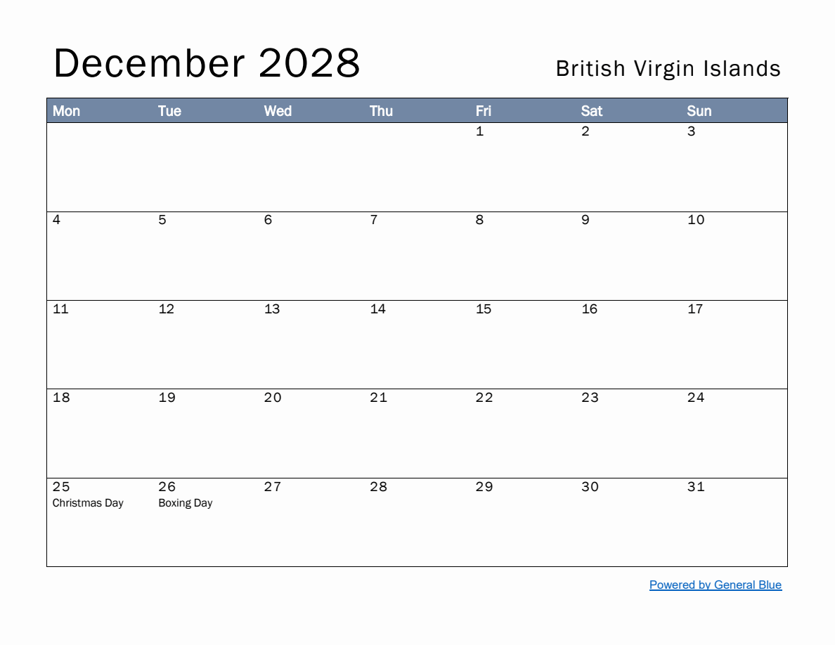 Free Monthly Calendar Template for December 2028 with British Virgin ...