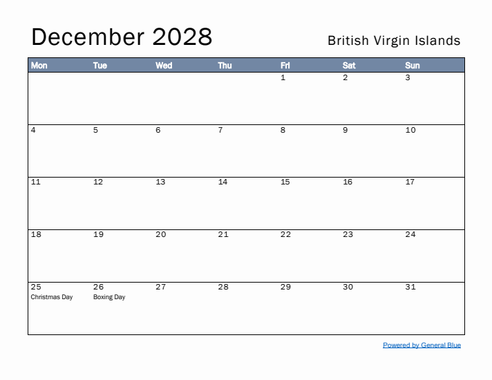December 2028 Simple Monthly Calendar for British Virgin Islands