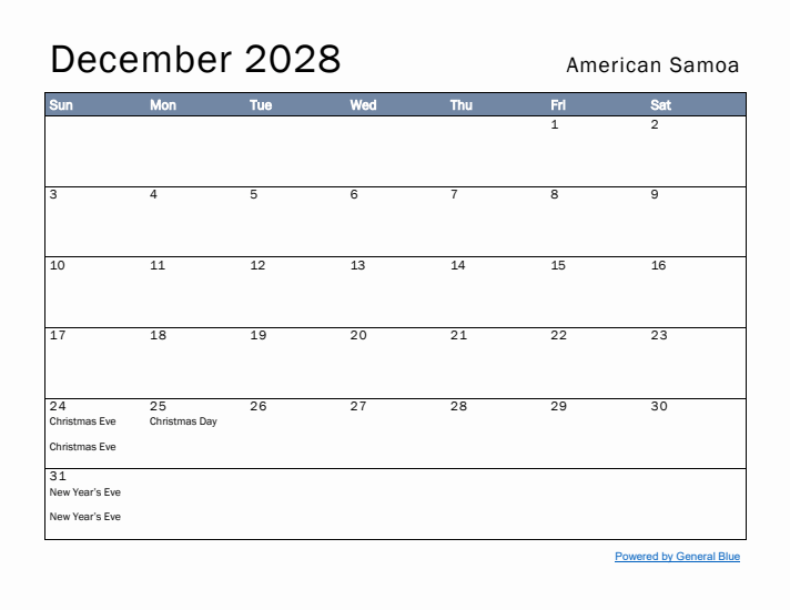 December 2028 Simple Monthly Calendar for American Samoa