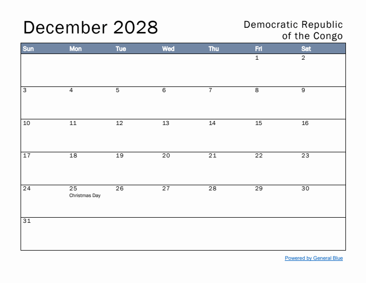 December 2028 Simple Monthly Calendar for Democratic Republic of the Congo