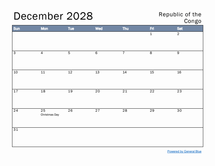 December 2028 Simple Monthly Calendar for Republic of the Congo