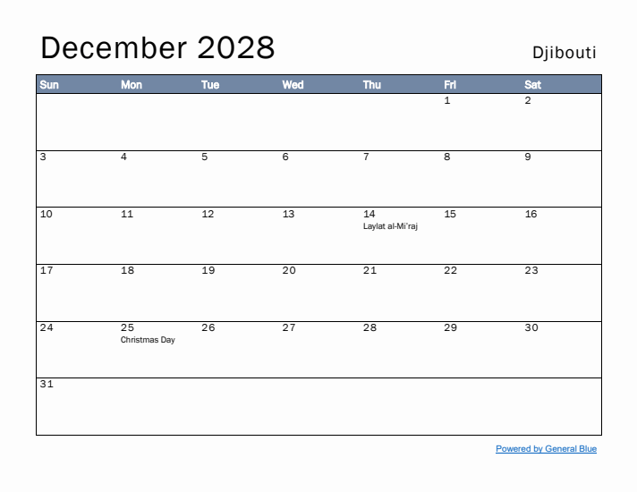 December 2028 Simple Monthly Calendar for Djibouti