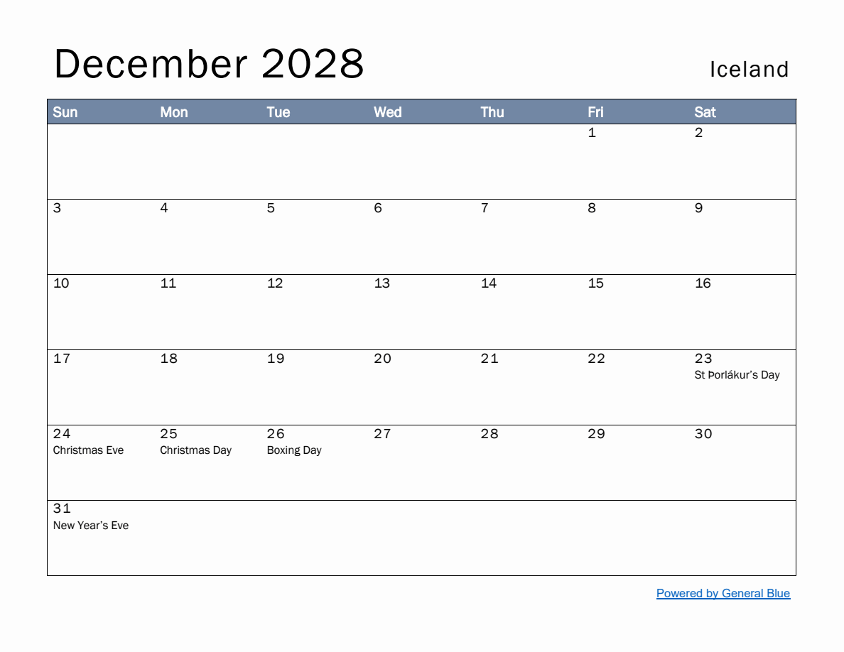 Free Monthly Calendar Template for December 2028 with Iceland Holidays