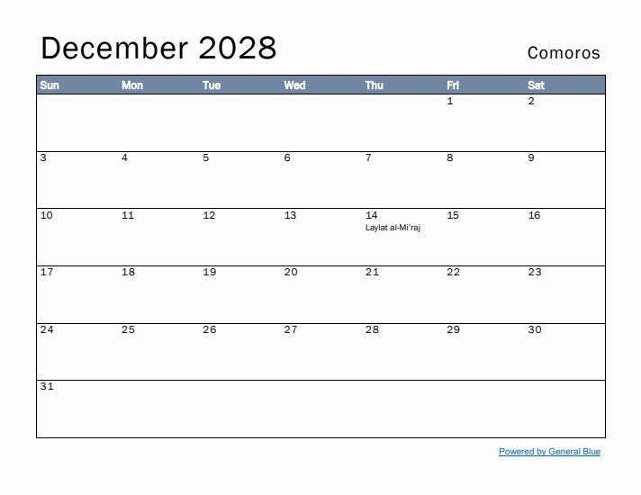 December 2028 Simple Monthly Calendar for Comoros