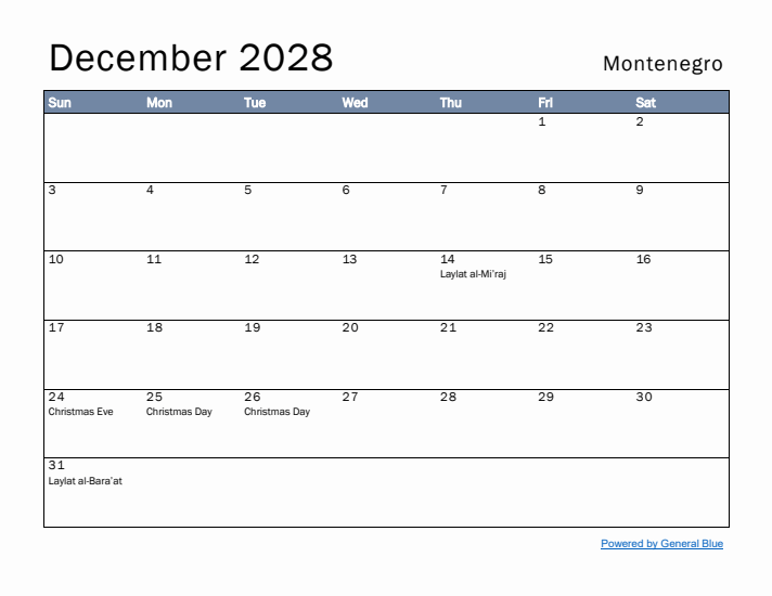 December 2028 Simple Monthly Calendar for Montenegro