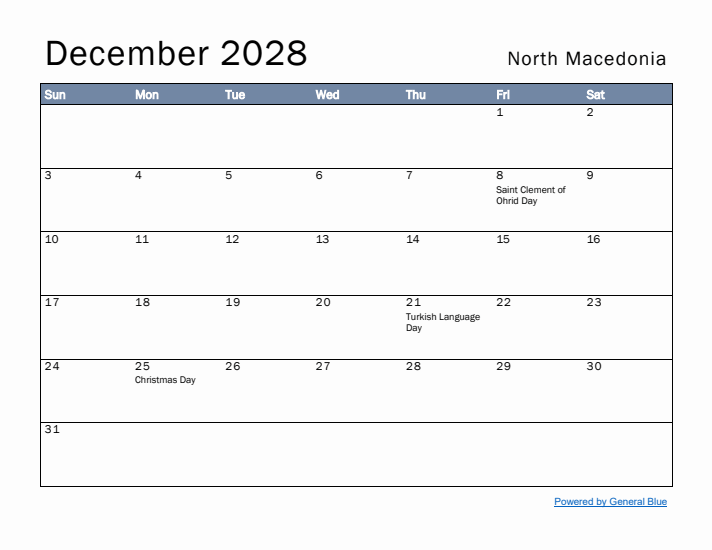 December 2028 Simple Monthly Calendar for North Macedonia