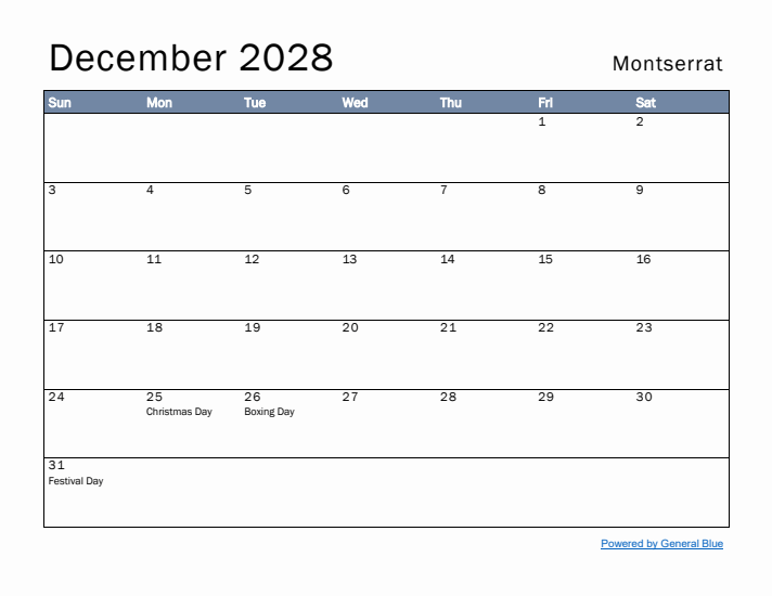 December 2028 Simple Monthly Calendar for Montserrat