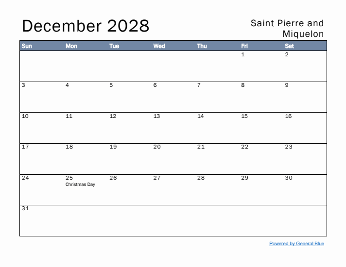 December 2028 Simple Monthly Calendar for Saint Pierre and Miquelon