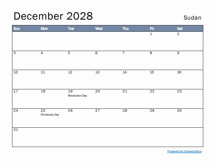 December 2028 Simple Monthly Calendar for Sudan
