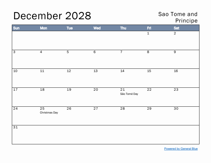 December 2028 Simple Monthly Calendar for Sao Tome and Principe
