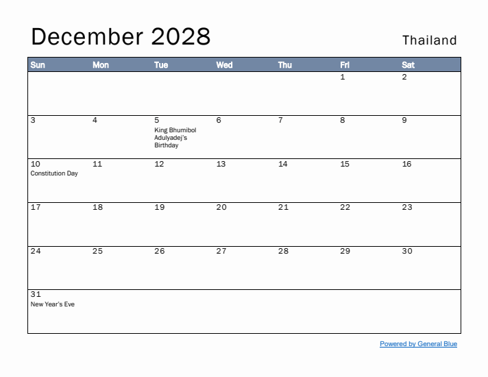 December 2028 Simple Monthly Calendar for Thailand
