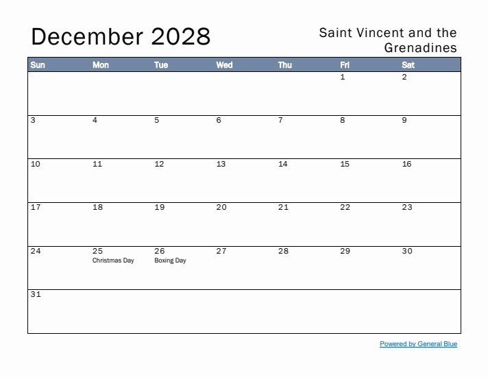 December 2028 Simple Monthly Calendar for Saint Vincent and the Grenadines