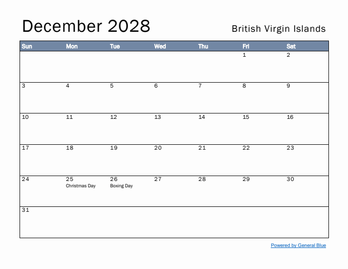 December 2028 Simple Monthly Calendar for British Virgin Islands