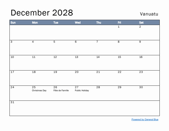 December 2028 Simple Monthly Calendar for Vanuatu