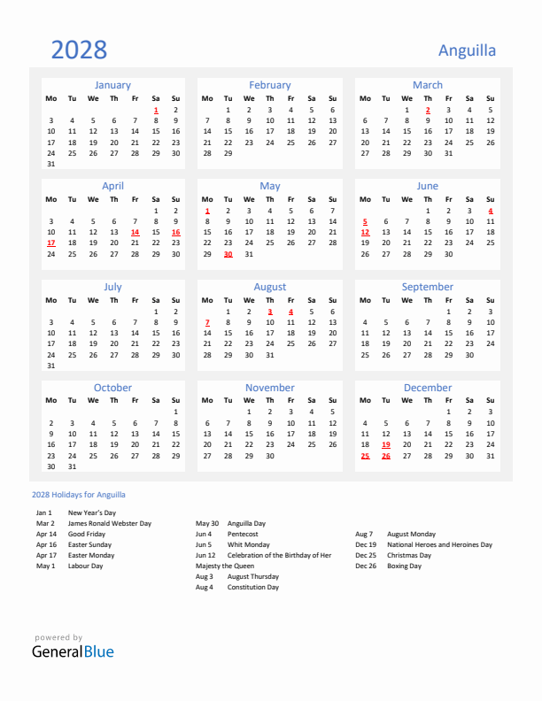 Basic Yearly Calendar with Holidays in Anguilla for 2028