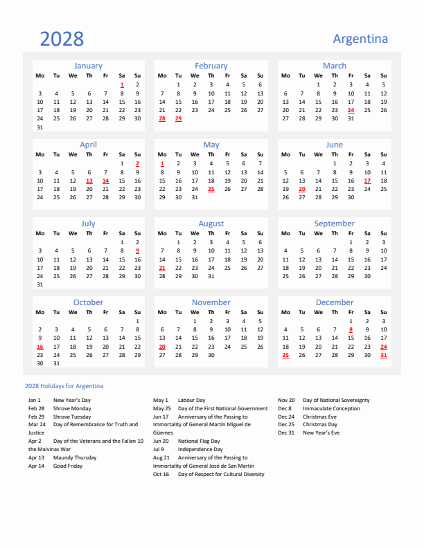 Basic Yearly Calendar with Holidays in Argentina for 2028 