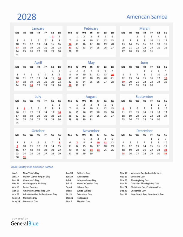Basic Yearly Calendar with Holidays in American Samoa for 2028 