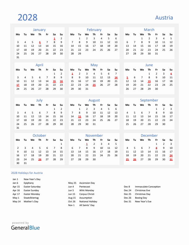 Basic Yearly Calendar with Holidays in Austria for 2028